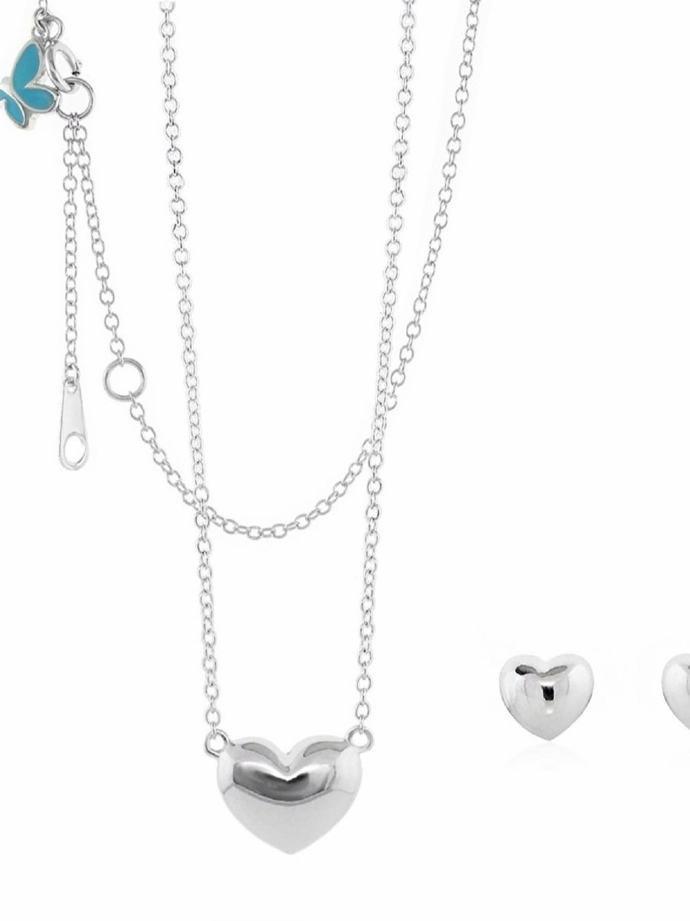 Polished Silver Heart Necklace and Stud Earrings Set - Silver